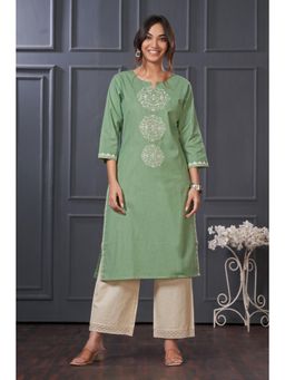 BulBul - Women Green Cotton Flex Kurta with Pant (Set of 2)