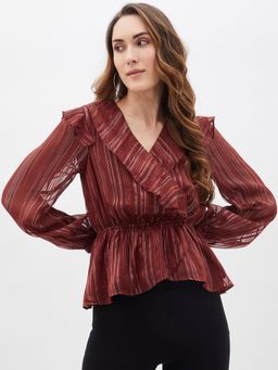 Kibo - Womens Rust Striped Long Sleeve Ruffle Top