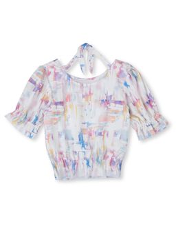 Gini & Jony - Girls White Tie dye Cotton Woven Top Half Sleeves