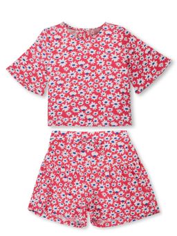 Gini & Jony - Girls Red Floral Print Cotton Top & Shorts (Set of 2)