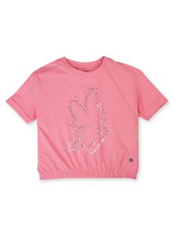Gini & Jony - Girls Pink Embellished Cotton Knits Crop Top