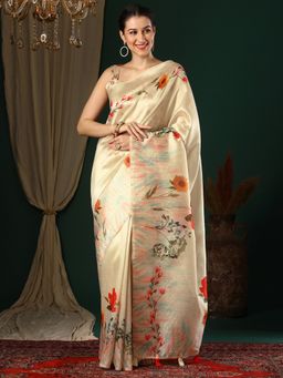 Akhilam - Women's Art Silk Cream Floral Designer Saree with Unstitched Blouse