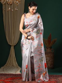 Akhilam - Women's Art Silk Grey Floral Designer Saree with Unstitched Blouse