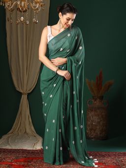 Akhilam - Women's Georgette Green Embroidered Designer Saree with Unstitched Blouse