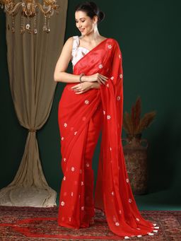 Akhilam - Women's Georgette Red Embroidered Designer Saree with Unstitched Blouse