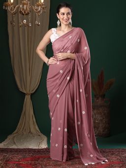 Akhilam - Women's Georgette Rose Gold Embroidered Designer Saree with Unstitched Blouse