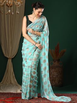 Akhilam - Women's Georgette Light Blue Floral Designer Saree with Unstitched Blouse