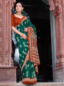 Akhilam - Women's Bhagalpuri Silk Dark Green Printed Designer Saree with Unstitched Blouse