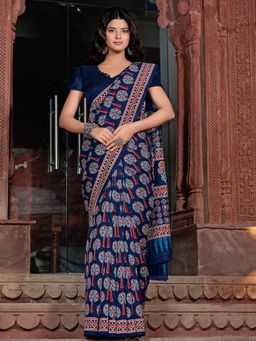 Akhilam - Women's Bhagalpuri Silk Navy Blue Printed Designer Saree with Unstitched Blouse