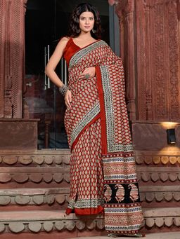 Akhilam - Women's Bhagalpuri Silk Rust Printed Designer Saree with Unstitched Blouse