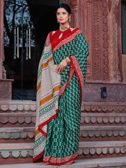 Akhilam - Women's Bhagalpuri Silk Teal Green Printed Designer Saree with Unstitched Blouse