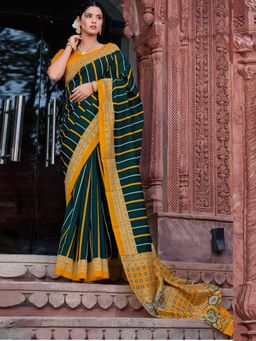 Akhilam - Women's Bhagalpuri Silk Dark Green Printed Designer Saree with Unstitched Blouse