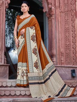 Akhilam - Women's Bhagalpuri Silk Brown Printed Designer Saree with Unstitched Blouse