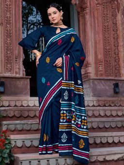 Akhilam - Women's Bhagalpuri Silk Navy Blue Printed Designer Saree with Unstitched Blouse