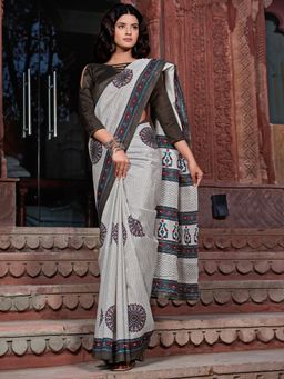 Akhilam - Women's Bhagalpuri Silk Off White Printed Designer Saree with Unstitched Blouse