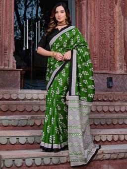 Akhilam - Women's Bhagalpuri Silk Green Printed Designer Saree with Unstitched Blouse