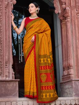 Akhilam - Women's Bhagalpuri Silk Mustard Printed Designer Saree with Unstitched Blouse