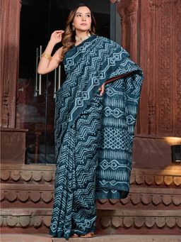 Akhilam - Women's Bhagalpuri Silk Teal Blue Printed Designer Saree with Unstitched Blouse