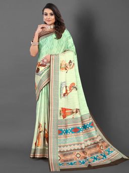 Akhilam - Women's Silk Blend Light Green Printed Designer Saree with Unstitched Blouse