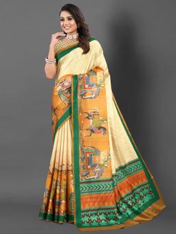 Akhilam - Women's Silk Blend Cream Printed Designer Saree with Unstitched Blouse