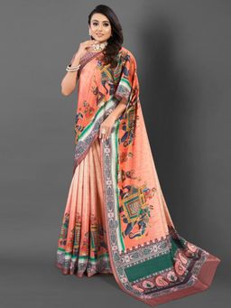 Akhilam - Women's Silk Blend Peach Printed Designer Saree with Unstitched Blouse