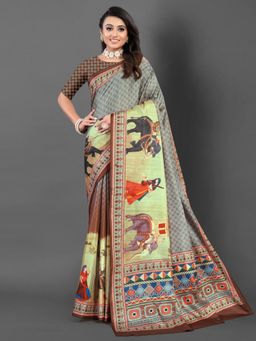 Akhilam - Women's Silk Blend Grey Printed Designer Saree with Unstitched Blouse
