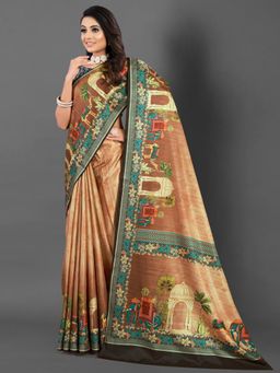 Akhilam - Women's Silk Blend Brown Printed Designer Saree with Unstitched Blouse