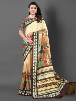 Akhilam - Women's Silk Blend Beige Printed Designer Saree with Unstitched Blouse