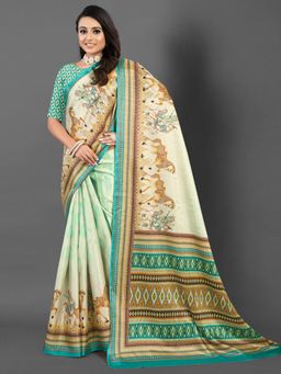 Akhilam - Women's Silk Blend Beige Printed Designer Saree with Unstitched Blouse