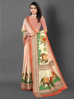 Akhilam - Women's Silk Blend Peach Printed Designer Saree with Unstitched Blouse