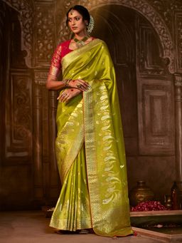 Akhilam - Women's Silk Blend Olive Woven Designer Saree with Unstitched Blouse