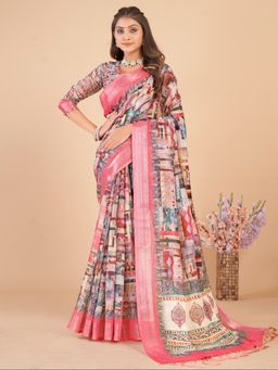 Akhilam - Women's Linen Blend Pink Printed Designer Saree with Unstitched Blouse