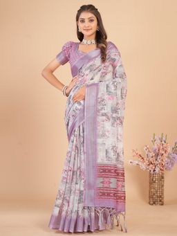 Akhilam - Women's Linen Blend Off White Printed Designer Saree with Unstitched Blouse