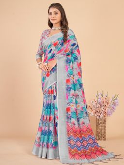 Akhilam - Women's Linen Blend Grey Printed Designer Saree with Unstitched Blouse