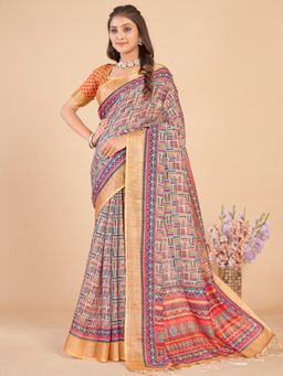 Akhilam - Women's Linen Blend Multicolored Printed Designer Saree with Unstitched Blouse