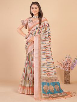 Akhilam - Women's Linen Blend Multicolored Printed Designer Saree with Unstitched Blouse