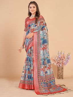 Akhilam - Women's Linen Blend Multicolored Printed Designer Saree with Unstitched Blouse