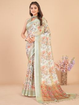 Akhilam - Women's Linen Blend Light Green Printed Designer Saree with Unstitched Blouse