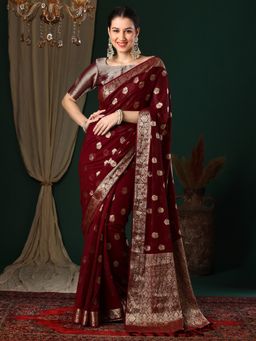 Akhilam - Women's Georgette Maroon Woven Designer Saree with Unstitched Blouse