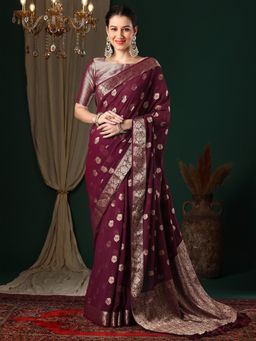 Akhilam - Women's Georgette Magenta Woven Designer Saree with Unstitched Blouse