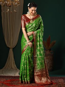 Akhilam - Women's Georgette Green Woven Designer Saree with Unstitched Blouse