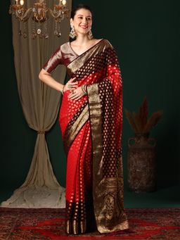 Akhilam - Women's Georgette Red Woven Designer Saree with Unstitched Blouse