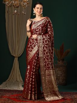 Akhilam - Women's Georgette Maroon Woven Designer Saree with Unstitched Blouse