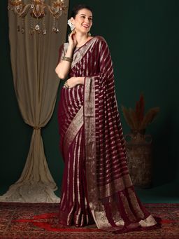 Akhilam - Women's Georgette Magenta Woven Designer Saree with Unstitched Blouse