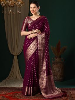 Akhilam - Women's Georgette Magenta Woven Designer Saree with Unstitched Blouse