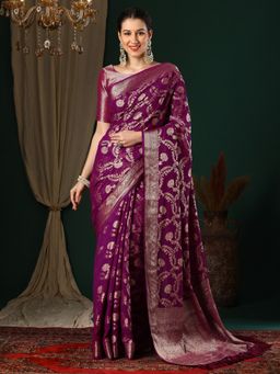 Akhilam - Women's Georgette Magenta Woven Designer Saree with Unstitched Blouse