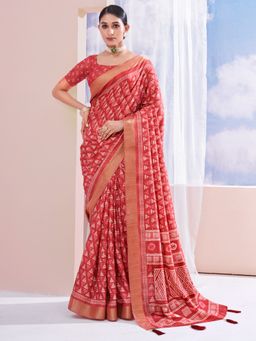 Sareemall - Women's Dola Silk Rust Printed Designer Saree with Unstitched Blouse