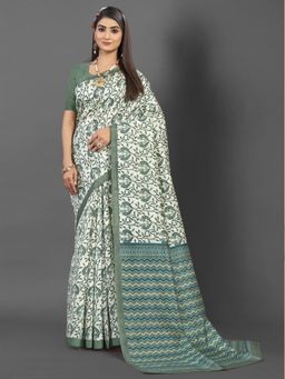 Akhilam - Women's Bhagalpuri Silk Off White Printed Designer Saree with Unstitched Blouse