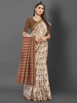 Akhilam - Women's Bhagalpuri Silk Off White Printed Designer Saree with Unstitched Blouse