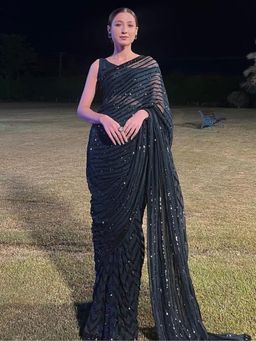 Akhilam - Women's Georgette Black Embellished Designer Saree with Unstitched Blouse